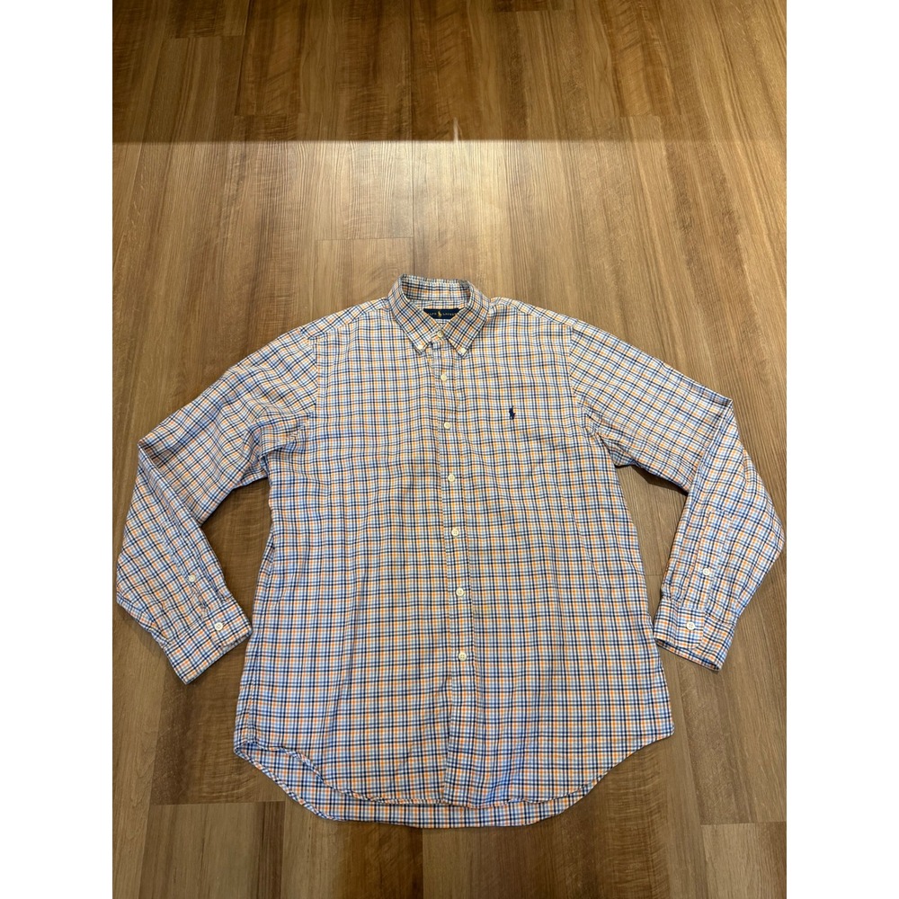 Ralph Lauren Button Down Shirt Mens L Blue Orange Plaid Long Sleeve Cotton